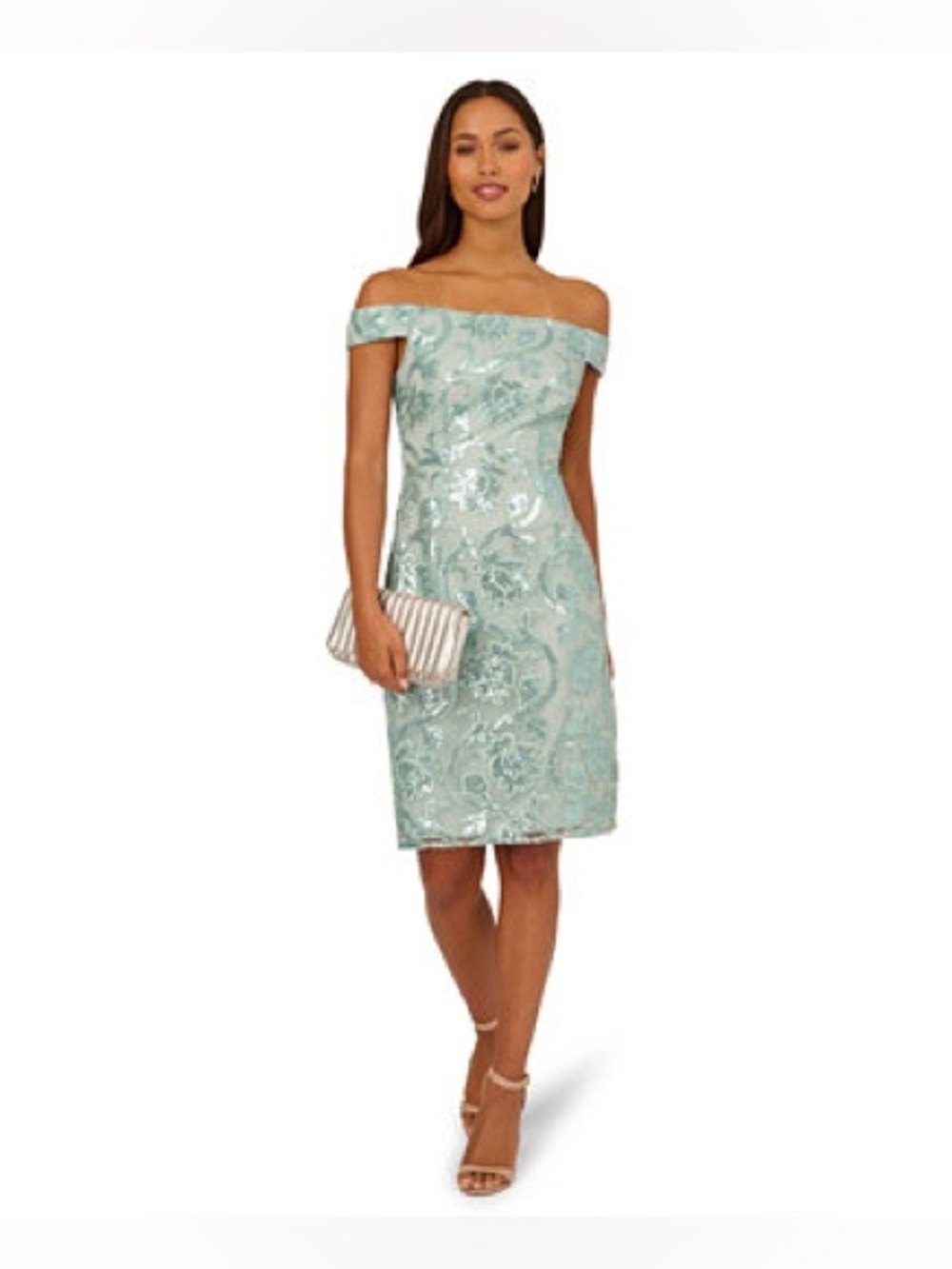 ADRIANNA PAPELL
Off Shoulder Sequin Sheath Dress In Aqua Dust